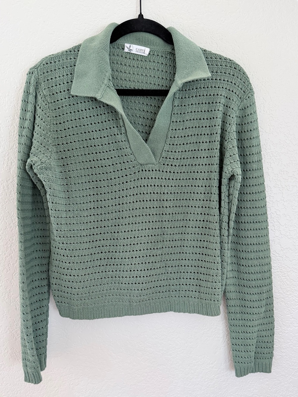 Carve Designs Sage Green Crochet Knit Polo Sweater Small